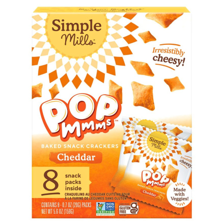 Front of Simple Mills Cheddar Pop Mmms Baked Crackers Snack Pack - Simple Mills Crackers - Vegetable Crackers - Gluten Free Crackers 