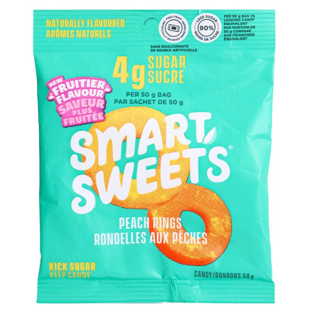 Front of SmartSweets Low-Sugar Peach Rings - Low Sugar Gummy - Gummy Peach Rings - Less Sugar Candy