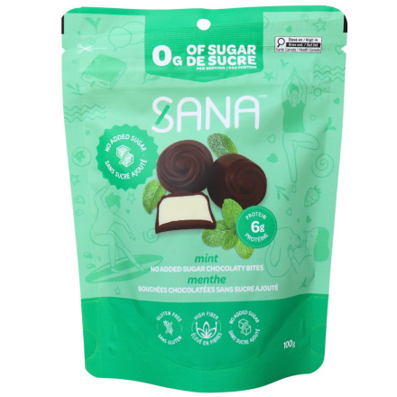Front of Sana Sweet Life No Added Sugar Dark Chocolaty Protein Bites Mint - Sugar Free Mint Chocolate - Protein Keto Chocolate - Chocolate Protein Truffles