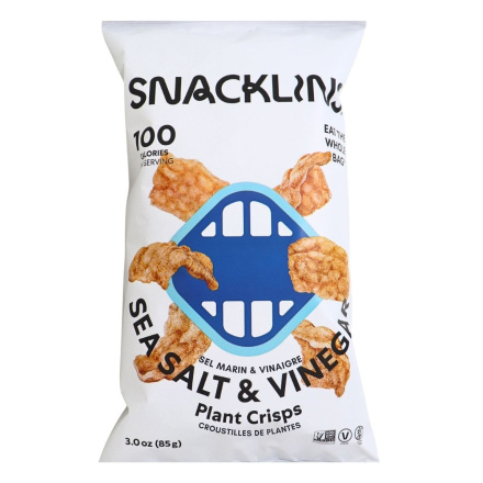 Front of Snacklins Plant Crisps Sea Salt & Vinegar - Snacklins Plant-Based Crisps - Salt And Vinegar Flavoured Chips - Salt And Vinegar Chips