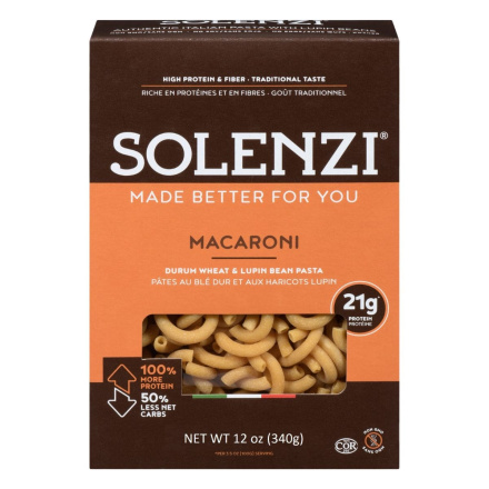 Front of SOLENZI Pasta - High Protein Pasta - Protein Macaroni - Lupin Pasta Noodles - High Protein High Fibre Pasta