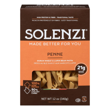 Front of SOLENZI Pasta - High Protein Pasta - High Fibre Pasta - Lupin Pasta - Protein Penne Pasta