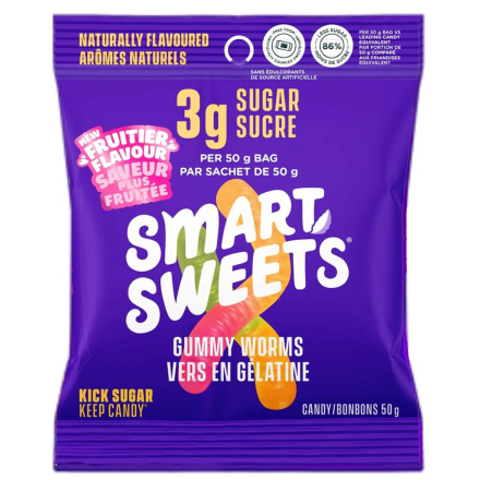 Front of SmartSweets Low Sugar Gummy Worms - High Fiber Candies - No Added Sugar Gummies - Less Sugar Gummy