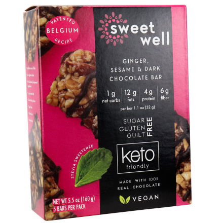 Front of Sweetwell Keto Bar Ginger, Sesame & Dark Chocolate, 5 Bars