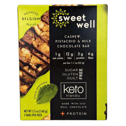 Front of Sweetwell Cashew, Pistachio & Milk Chocolate Bar, 5 Bars