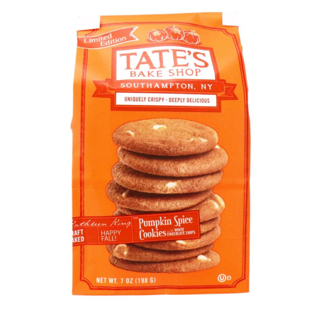 Front of Tate's Bake Shop Pumpkin Spice Cookies With White Chocolate Chips