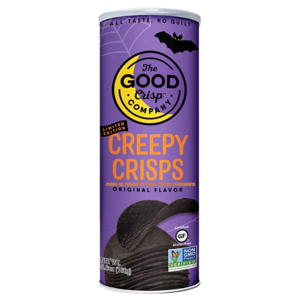 Front of The Good Crisp Company Creepy Crisps Halloween Potato Chips Black Chips Black Snacks