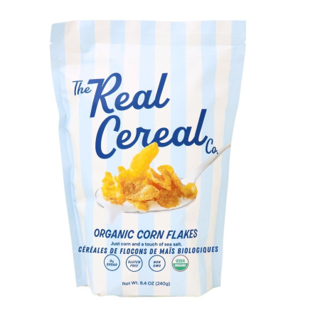 Front of The Real Cereal Company Organic Corn Flakes Cereal - Gluten Free Corn Flakes - Healthy Breakfast Cereal - Healthy Corn Flakes