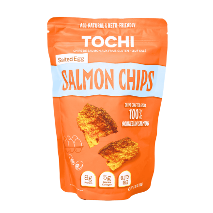 Front of Tochi Crispy Salmon Chips With Omega 3 Salted Egg, 50g - Tochi Canada, Asian Snacks, Asian Snacks Canada, Salmon Chips, Crispy Salmon Skin, Salmon Skin, Fish Skin Chips