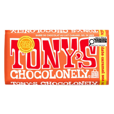 Front of Tony's Chocolonely Milk Chocolate Caramel Sea Salt - Fair Trade Chocolate - Best Chocolate Canada