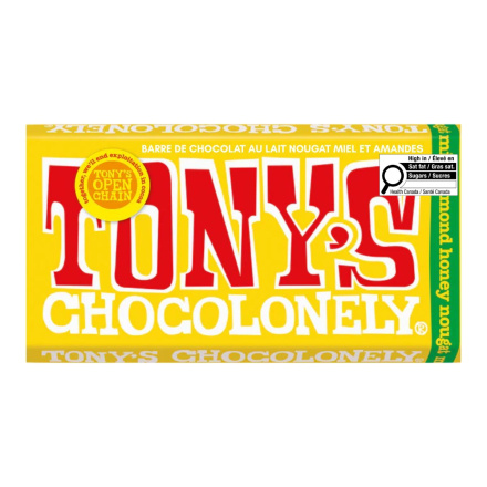 Front of Tony's Chocolonely Milk Chocolate Honey Almond Nougat - Fair trade chocolate Canada - Fair trade chocolate brands - Chocolate Fair trade