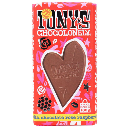 Front of Tony’s Chocolonely ValenTony 32% Milk Chocolate Rose Raspberry Bar, 180g