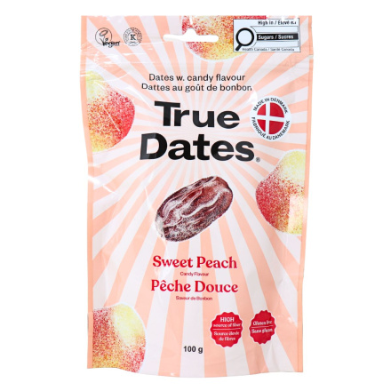 Front of True Dates Flavoured Date Snacks - Pitted Dates - Date Candy - Peach Date Candy