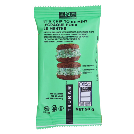 Front of TRUBAR Protein Bar It’s Mint To Be Chip - Gluten Free Vegan Protein Bars - Vegan Protein Bars Canada - Best Tasting Protein Bars