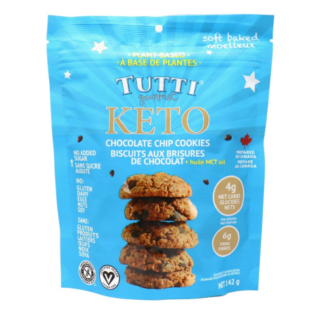 Front of Tutti Gourmet Vegan Keto Soft Baked Chocolate Chip Cookies