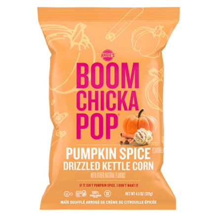 Front of Angie's BOOMCHICKAPOP Pumpkin Spice Drizzled Kettle Corn - flavoured popcorn - popcorn flavours - pumpkin spice