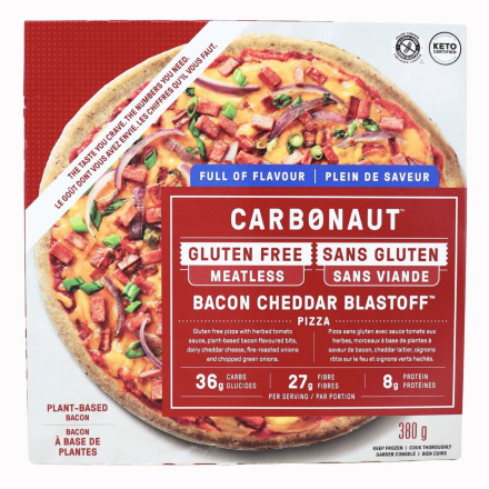 Front of Carbonaut Gluten-Free Pizza Meatless Bacon Cheddar Blastoff - Plant-Based Bacon Pizza - Low-Carb Cheddar Pizza - Keto-Friendly Pizza