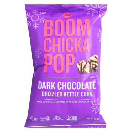 Front of Angie’s BoomChickaPop Dark Chocolate Flavored Drizzled Sea Salt Kettle Corn - Organic Popcorn - Gluten Free Popcorn - Popcorn Bag