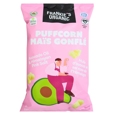Front of Frankie’s Organic Gluten-Free Puffcorn Avocado Oil & Himalayan Pink Salt - Gluten Free Chips Canada - Puffed Snacks - Puffs Chips