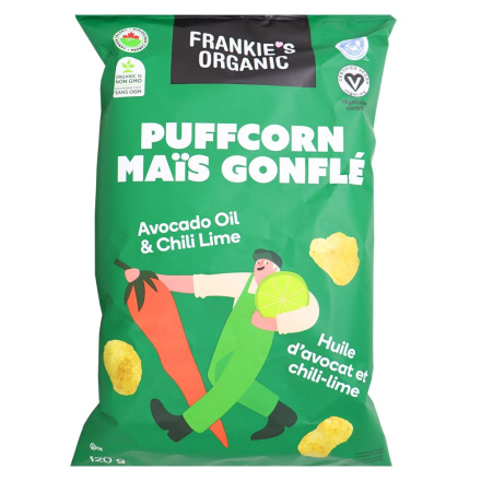 Front of Frankie’s Organic Gluten-Free Puffcorn Avocado Oil & Chili Lime - Puffs Chips - Frankie’s Cloud Puffs - Avocado Oil Chips