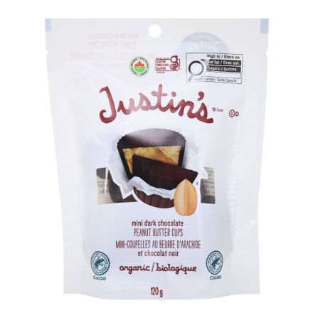 Front of Justin's Organic Mini Dark Chocolate Peanut Butter Cups - Mini Chocolate - Gluten Free Chocolate Peanut Butter Cups - Organic Dark Chocolate Treats