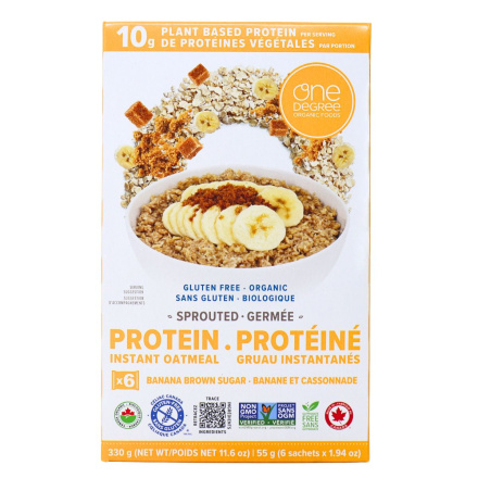 Front of One Degree Organic Foods High-Protein Sprouted Oatmeal Banana Brown Sugar - Easy healthy breakfast - Healthy breakfast ideas - Easy high-protein breakfast