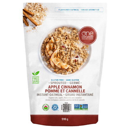 Front of One Degree Organic Foods Gluten-Free Sprouted Instant Oatmeal Apple Cinnamon -  Healthiest instant oatmeal, Instant oatmeal nutrition, Vegan oatmeal