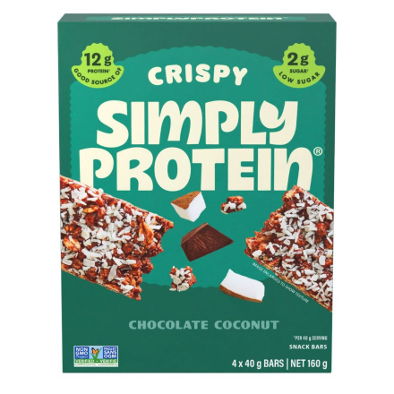 Front of Simply Protein Gluten Free Crispy Snack Bars Chocolate Coconut - Gluten Free Protein Bar - Vegan Protein Bar - Coconut Bar