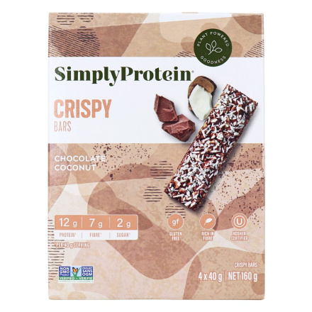 Front of Simply Protein Gluten Free Crispy Snack Bars Chocolate Coconut - Gluten Free Protein Bar - Vegan Protein Bar - Coconut Bar