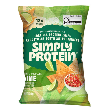 Front of Simply Protein Chips - High Protein Chips - Protein Tortilla Chips - Vegan Protein Chips - Gluten Free Protein Chips - Lime Chips
