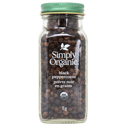 Front of Simply Organic Black Whole Peppercorns - Organic Black Peppercorns - Kosher Black Peppercorns - Organic Seasoning