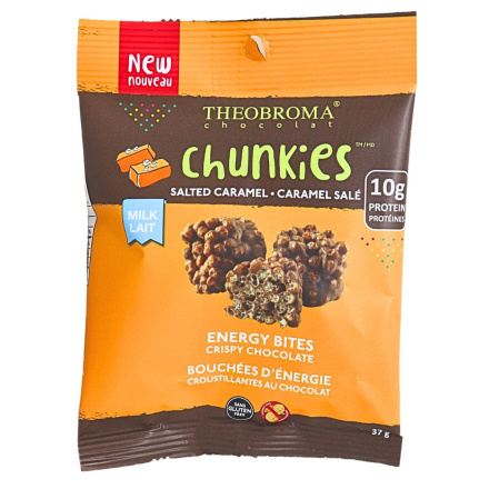 Front of Theobroma Chocolat Chunkies Crispy Milk Chocolate Energy Bites Salted Caramel