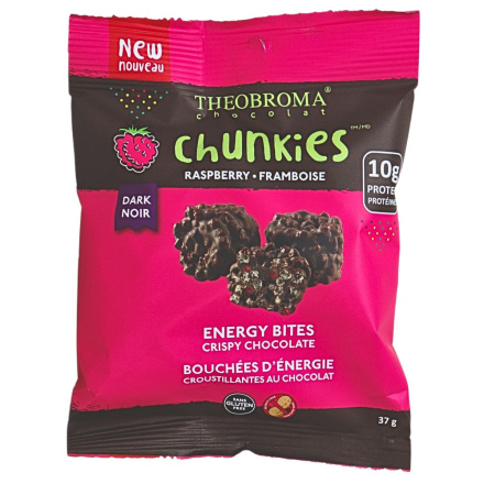 Front of Theobroma Chocolat Chunkies Cripsy Chocolate Energy Bites Dark Chocolate Raspberry