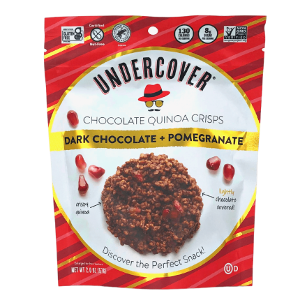 Front of Undercover Chocolate Quinoa Crisps Dark Chocolate & Pomegranate