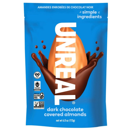 Front of Unreal Dark Chocolate Covered Almonds - Unreal Almonds - Dark Chocolate Almonds - Almonds With Dark Chocolate