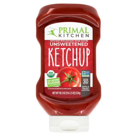 Front of Primal Kitchen Organic Unsweetened Squeeze Ketchup - Whole30 Ketchup - Healthy Ketchup - Low Calorie Ketchup