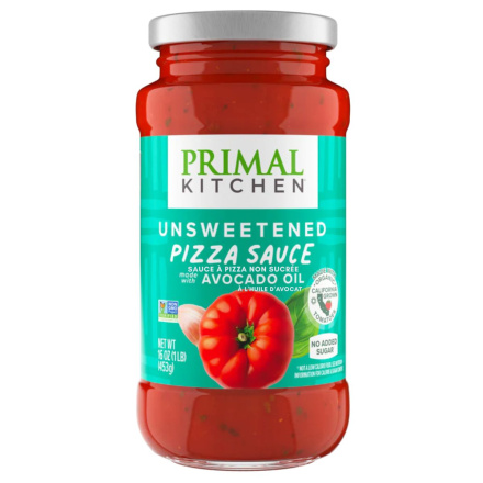 Front of Primal Kitchen Unsweetened Pizza Sauce with Avocado Oil - Whole30 Meals - Paleo Food - Healthy Pizza