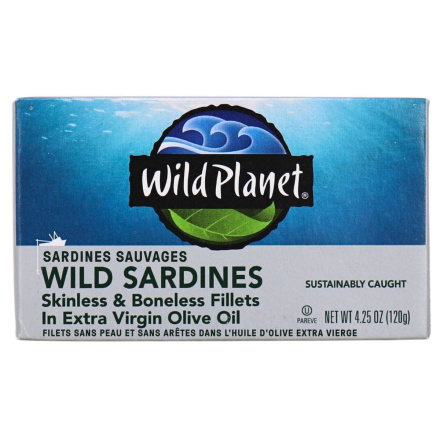 Front of Wild Planet Boneless Skinless Sardines in Extra Virgin Olive Oil - Wild Planet Boneless Skinless Sardines In Extra Virgin Olive Oil - Non GMO Canned Sardines - Gluten Free Canned Sardines