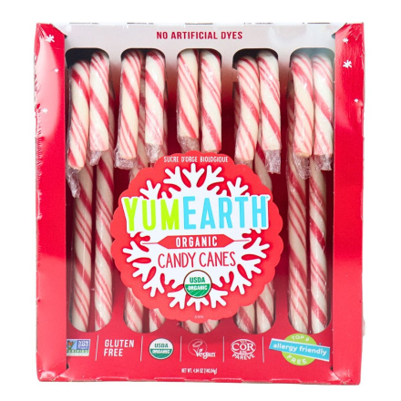 Front of YumEarth Organic Candy Canes - Holiday Candies List - Best Holiday Candy - Allergen Friendly Candy Canes
