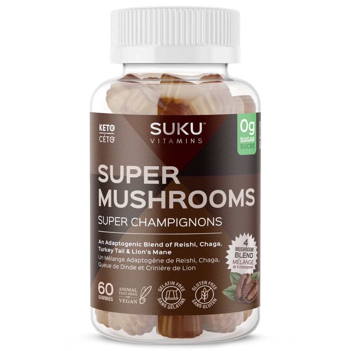SUKU Vitamins Super Mushrooms Gummies Decaffeinated Espresso, 60 Gummies