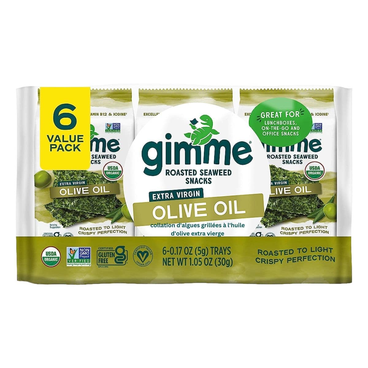 GimMe Organic Roasted Seaweed Snack Value Pack Extra Virgin Olive Oil, 6 Packs