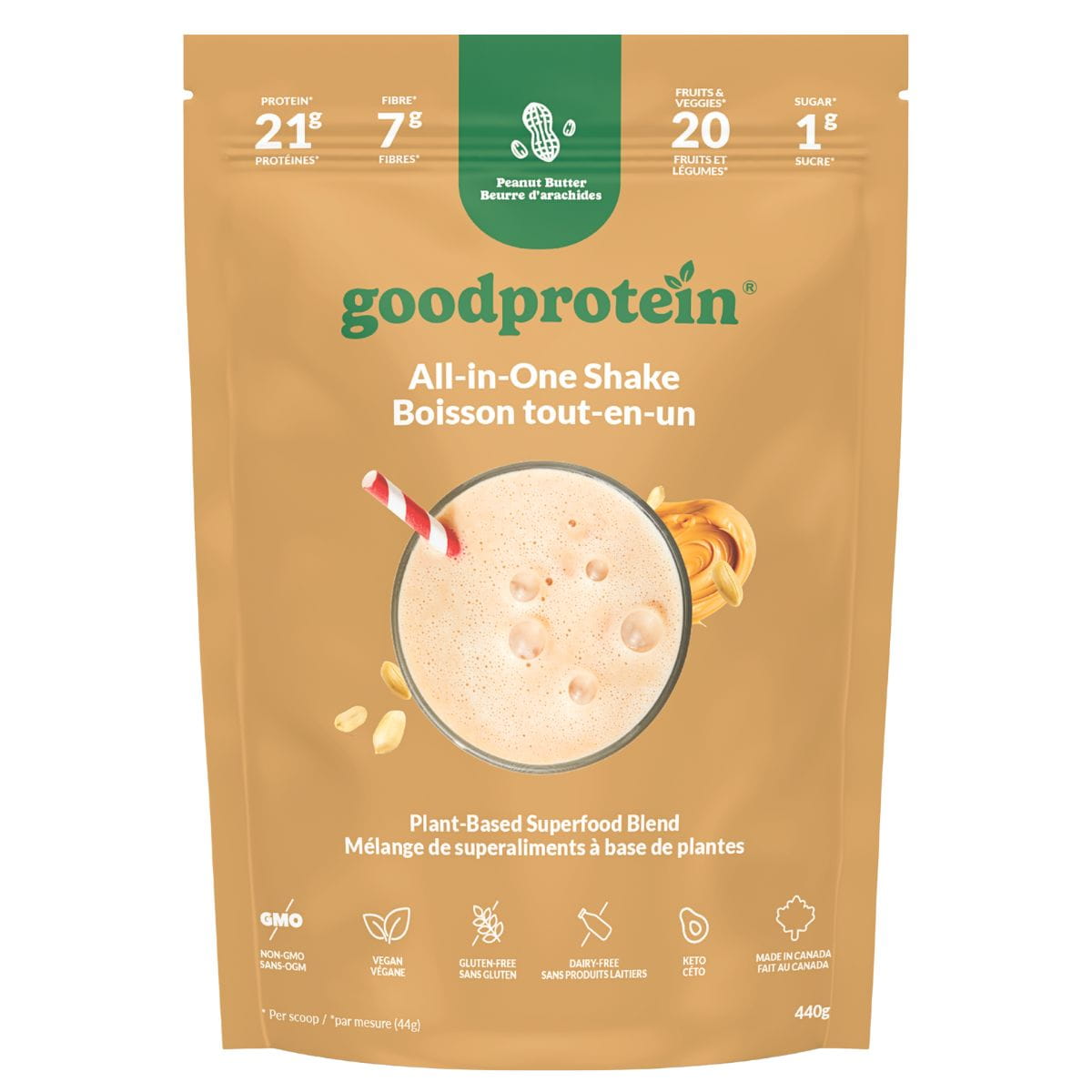 Good Protein All-In-One Shake Plant-Based Superfood Blend Peanut Butter, 440g