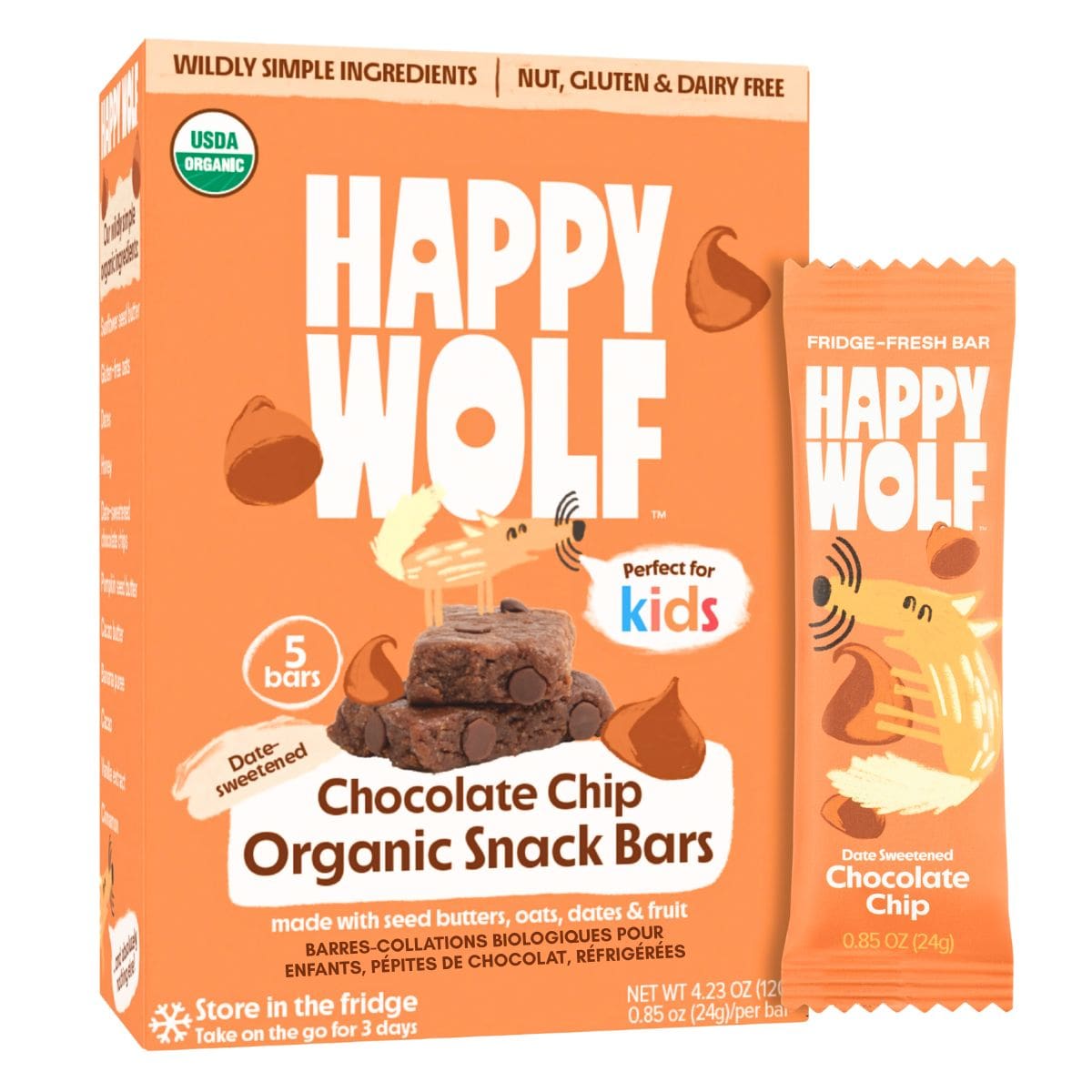 Happy Wolf Organic Kids Refrigerated SnackBars Chocolate Chip, 5 Bars