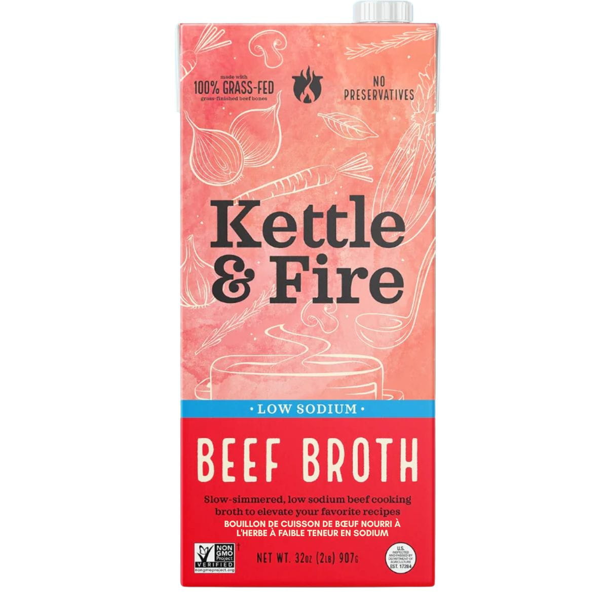 Kettle &amp; Fire Low Sodium 100% Grass-Fed Beef Cooking Broth, 907g