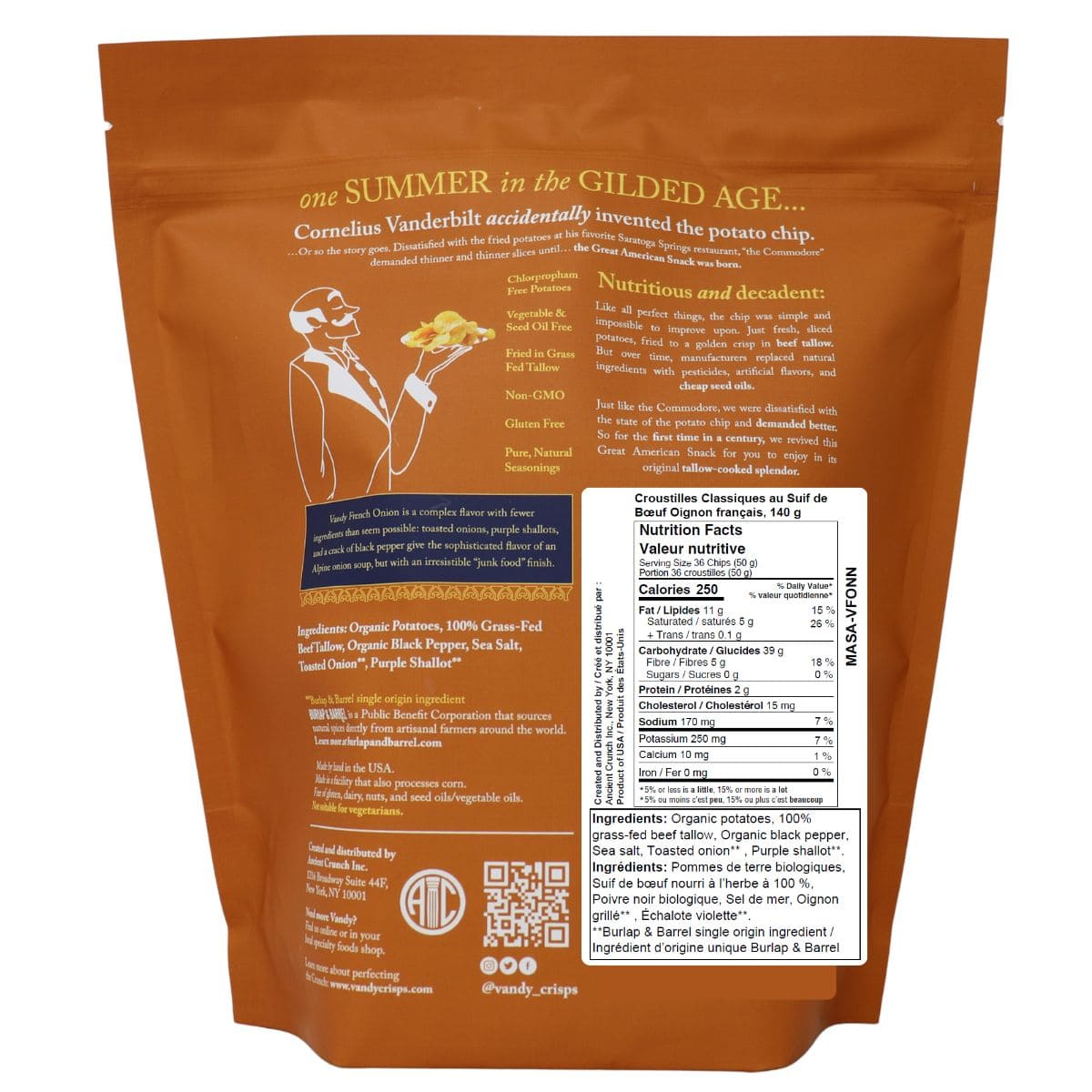 Vandy Classic Potato Chips Fried In Beef Tallow French Onion, 140 g