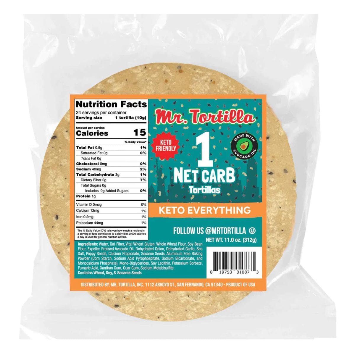 Mr. Tortilla 4” 1 Net Carb Tortilla Everything, 24 Pack