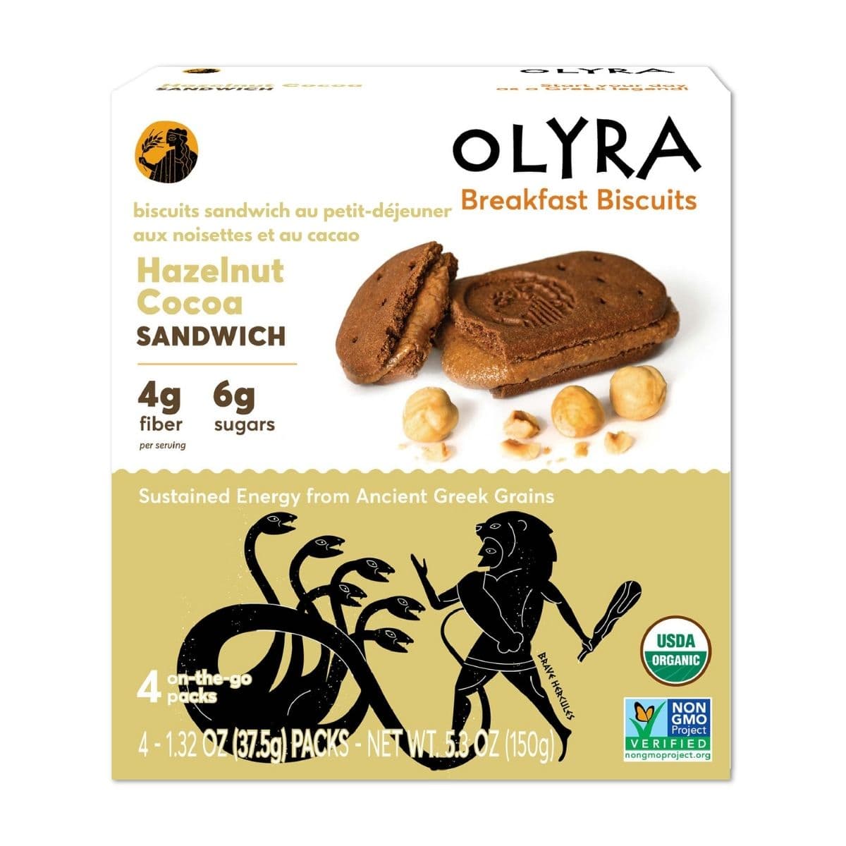 Olyra Organic Ancient Grains Breakfast Biscuit Hazelnut Cocoa Sandwich, 4 Packs