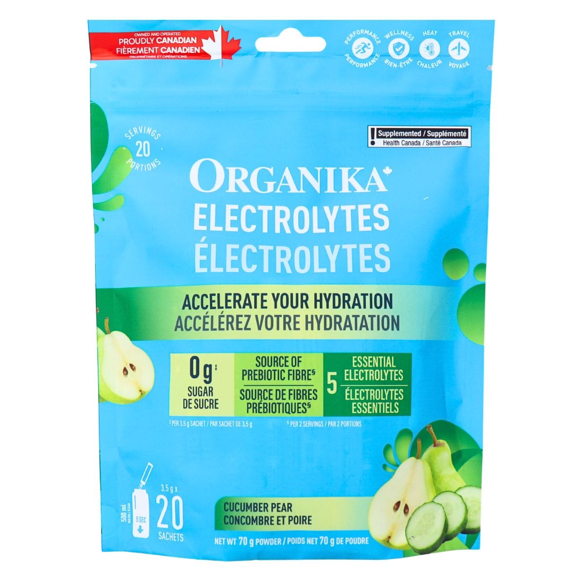 Organika Sugar-Free Electrolytes Powder Cucumber Pear, 20 Sachets
