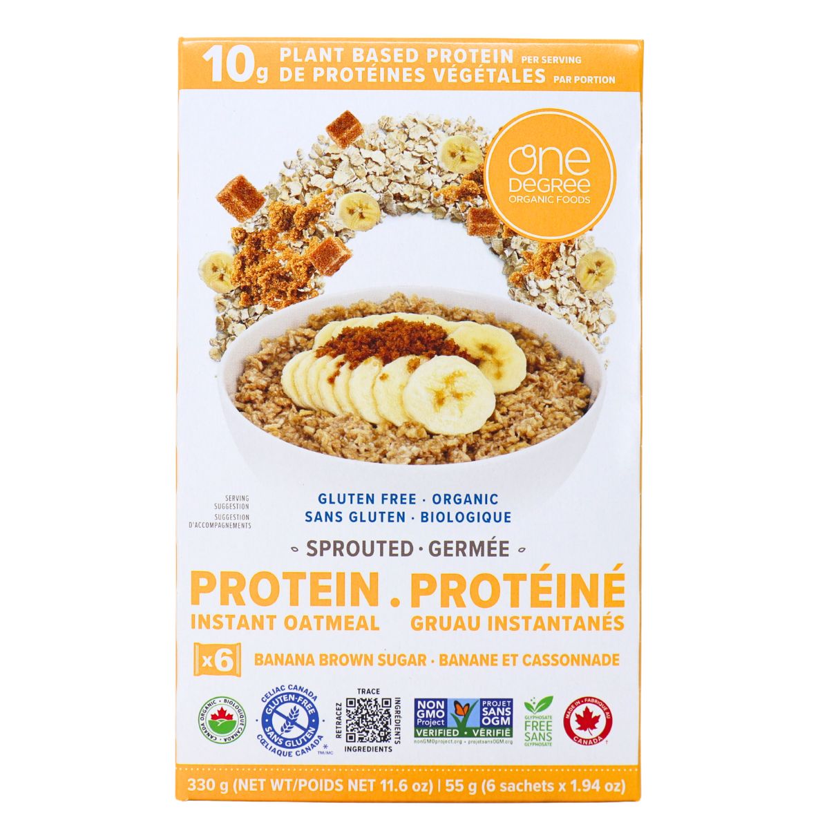 One Degree Organic Foods High-Protein Sprouted Oatmeal Banana Brown Sugar, 330 g