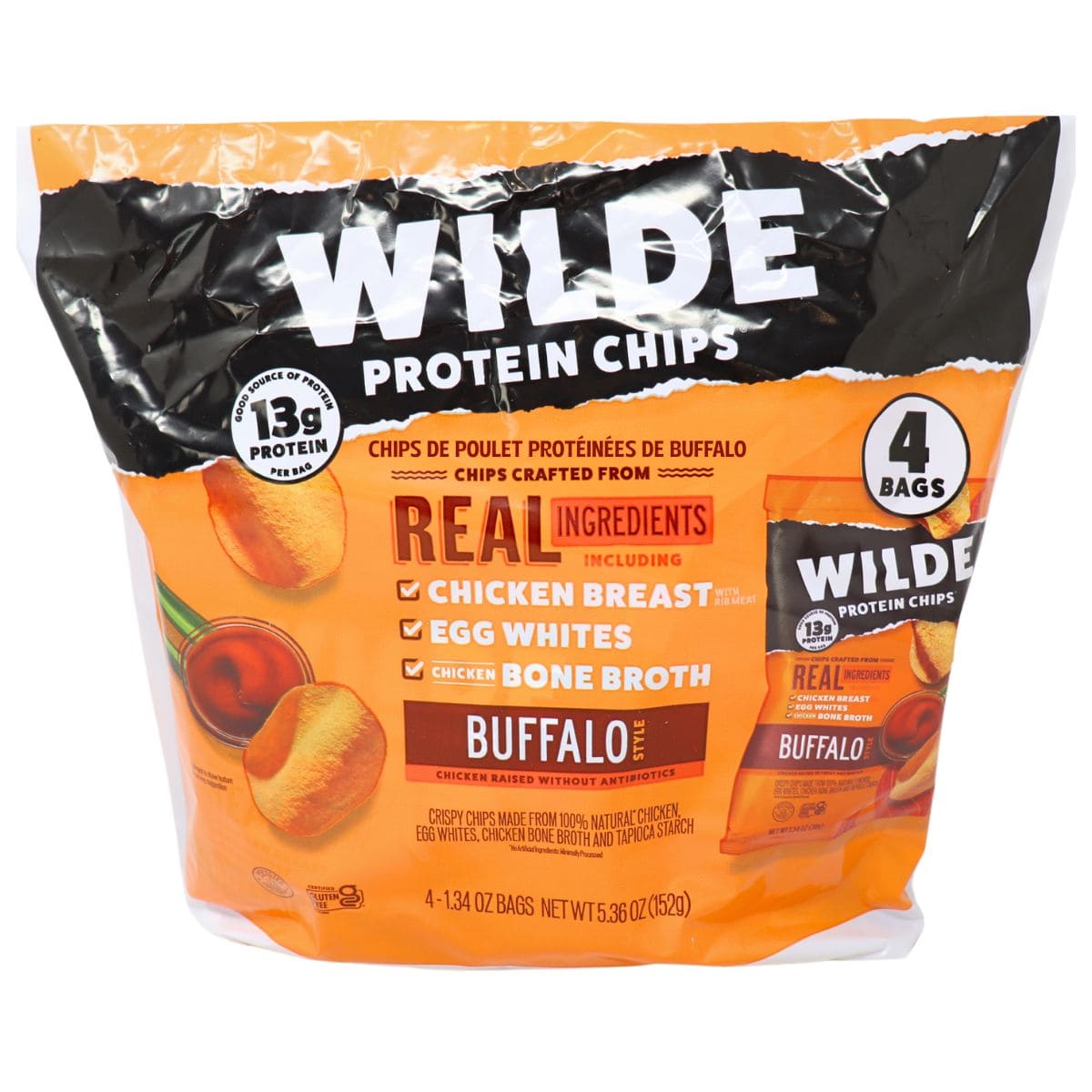 WILDE Protein Chips Snack Packs Buffalo, 4 Pack